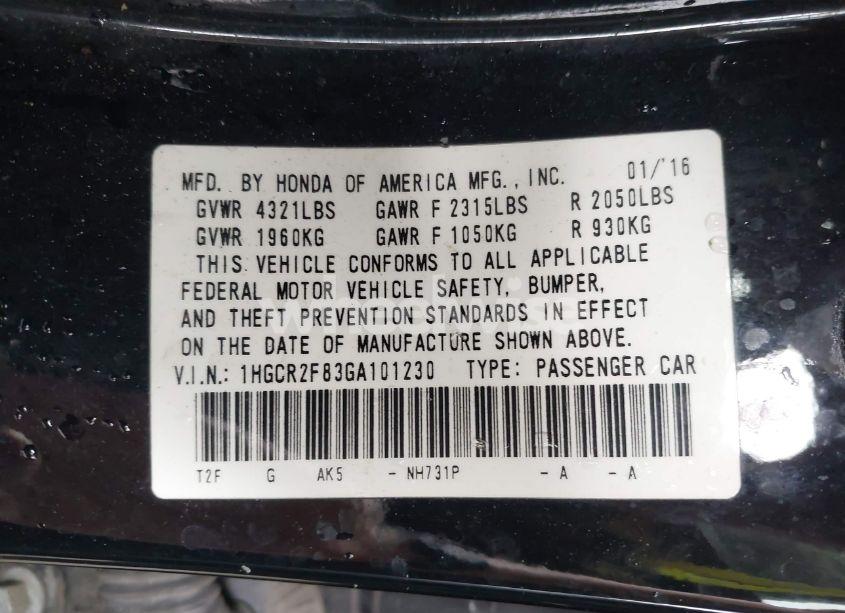 Photo 9 of 2016 Honda Accord EX-L (VIN 1HGCR2F83GA101230)