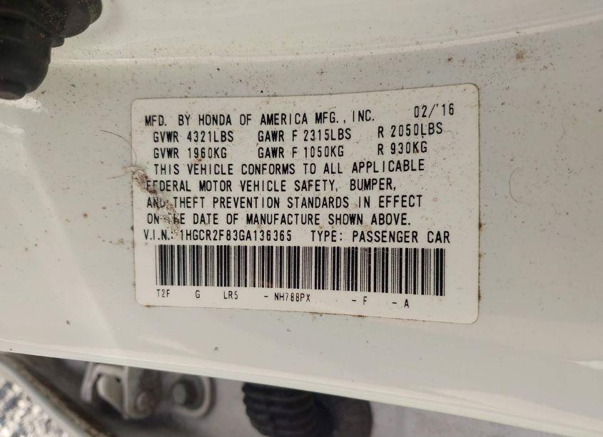 Photo 9 of 2016 Honda Accord EX-L (VIN 1HGCR2F83GA136365)