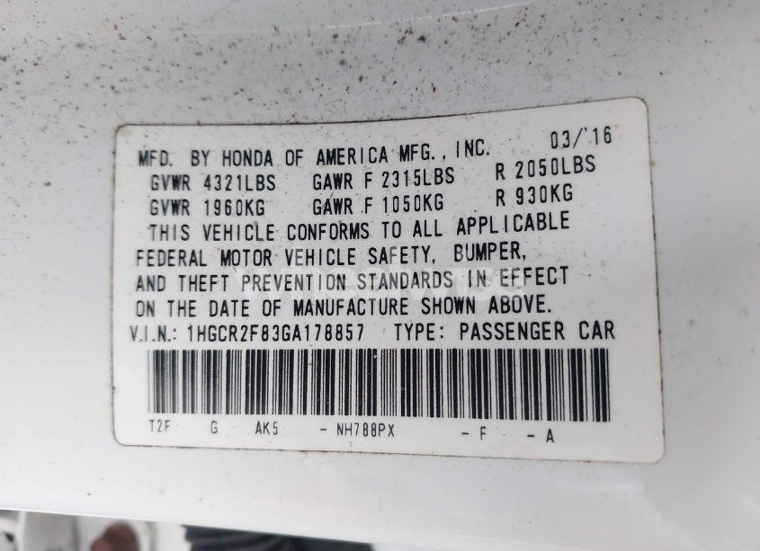 Photo 9 of 2016 Honda Accord EX-L (VIN 1HGCR2F83GA178857)