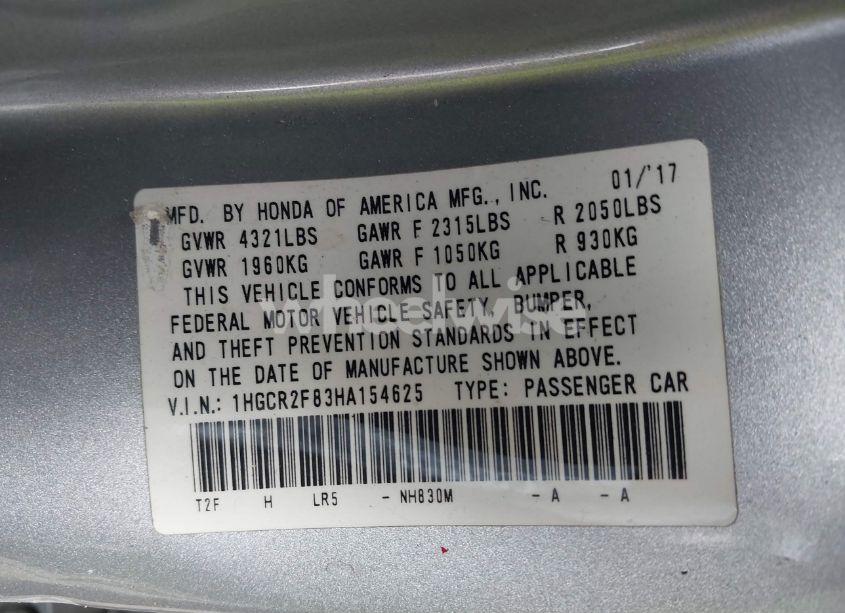 Photo 9 of 2017 Honda Accord EX-L (VIN 1HGCR2F83HA154625)