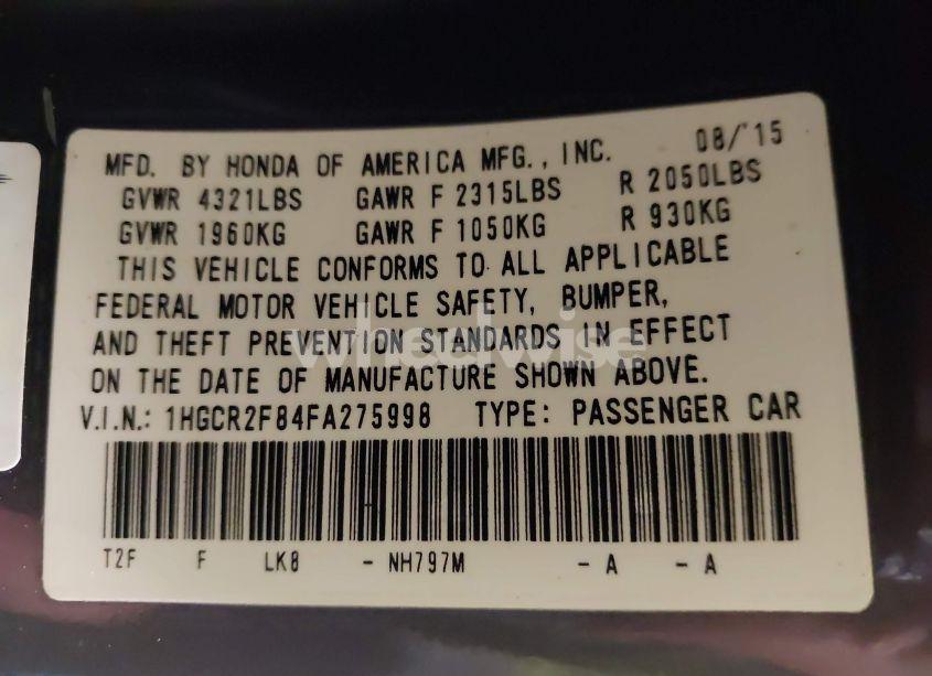 Photo 9 of 2015 Honda Accord EX-L (VIN 1HGCR2F84FA275998)