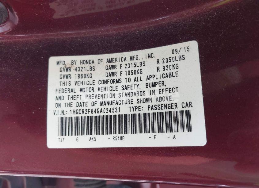 Photo 9 of 2016 Honda Accord EX-L (VIN 1HGCR2F84GA024531)