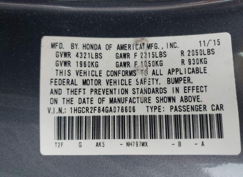 Photo 9 of 2016 Honda Accord EX-L (VIN 1HGCR2F84GA078606)