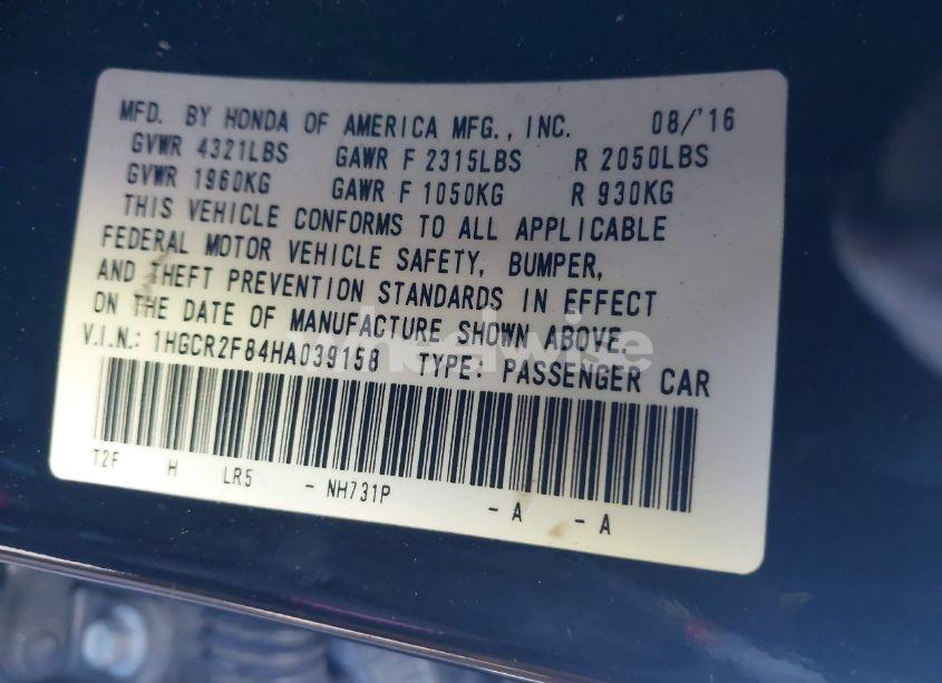 Photo 9 of 2017 Honda Accord EX-L (VIN 1HGCR2F84HA039158)