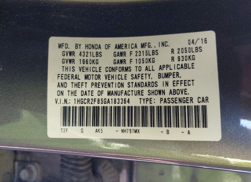 Photo 9 of 2016 Honda Accord EX-L (VIN 1HGCR2F85GA183364)