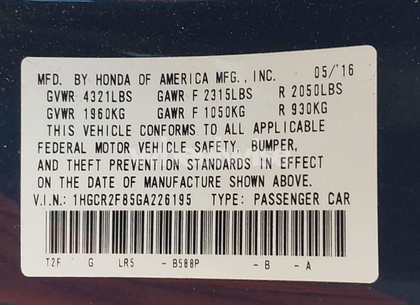 Photo 9 of 2016 Honda Accord EX-L (VIN 1HGCR2F85GA226195)