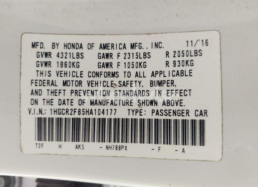 Photo 9 of 2017 Honda Accord EX-L (VIN 1HGCR2F85HA104177)