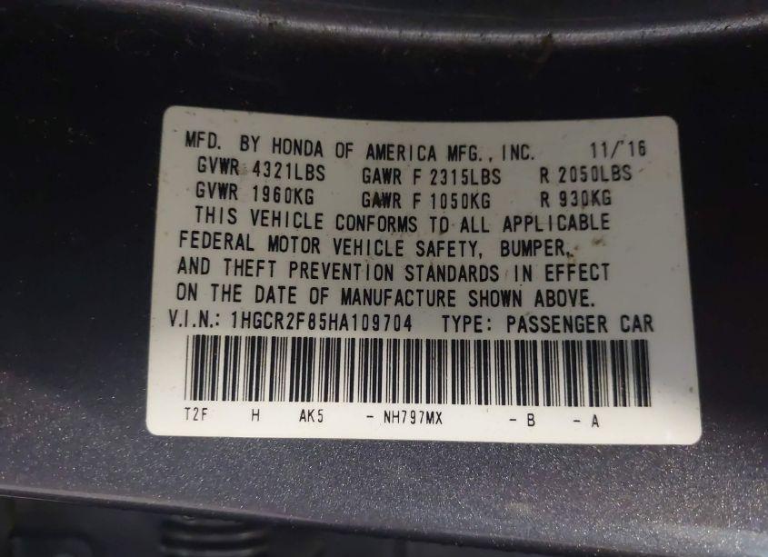 Photo 9 of 2017 Honda Accord EX-L (VIN 1HGCR2F85HA109704)