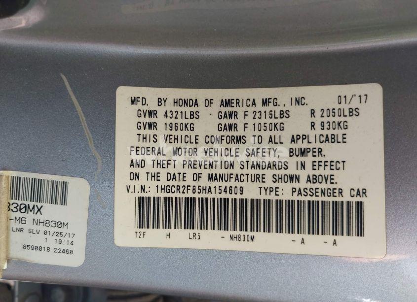 Photo 9 of 2017 Honda Accord EX-L (VIN 1HGCR2F85HA154609)