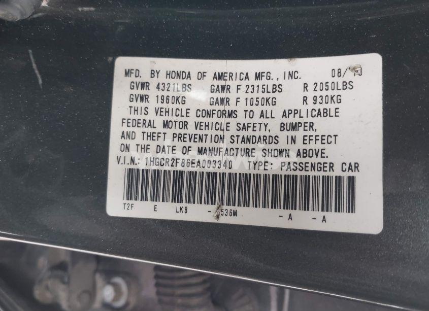 Photo 9 of 2014 Honda Accord EX-L (VIN 1HGCR2F86EA003340)