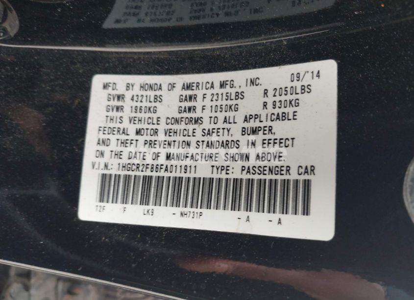 Photo 9 of 2015 Honda Accord EX-L (VIN 1HGCR2F86FA011911)