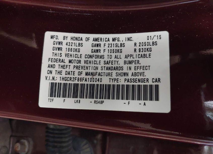 Photo 9 of 2015 Honda Accord EX-L (VIN 1HGCR2F86FA100040)