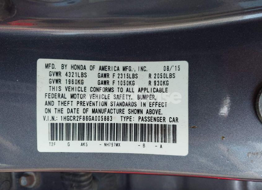 Photo 9 of 2016 Honda Accord EX-L (VIN 1HGCR2F86GA005883)