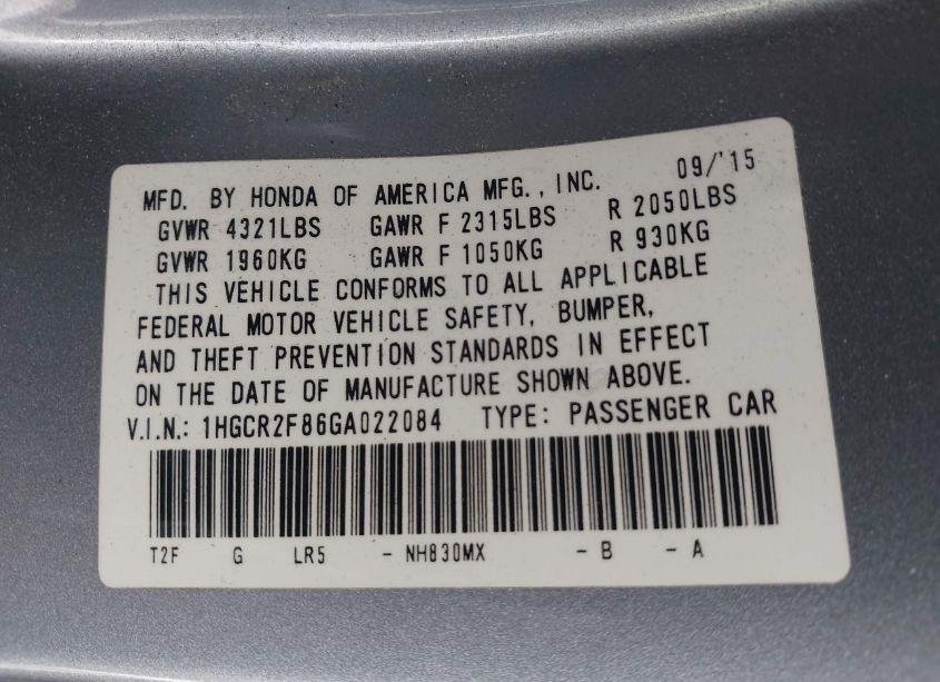 Photo 9 of 2016 Honda Accord EX-L (VIN 1HGCR2F86GA022084)