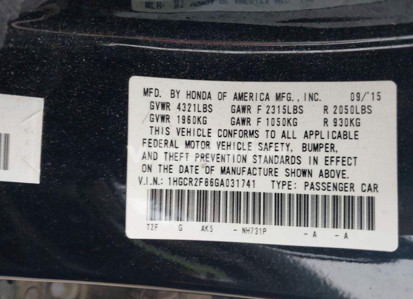 Photo 9 of 2016 Honda Accord EX-L (VIN 1HGCR2F86GA031741)