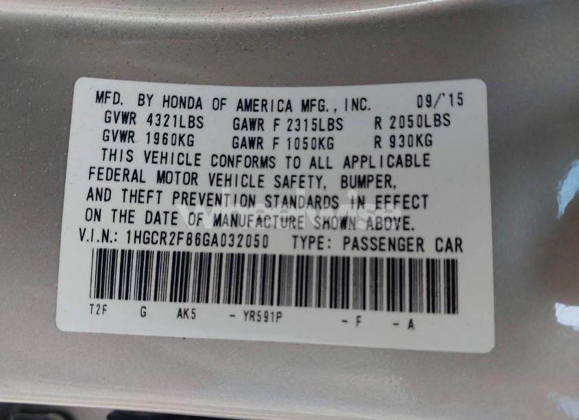 Photo 9 of 2016 Honda Accord EX-L (VIN 1HGCR2F86GA032050)