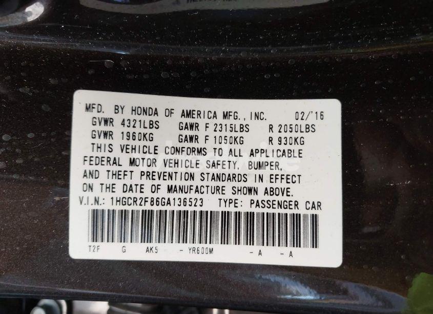 Photo 9 of 2016 Honda Accord EX-L (VIN 1HGCR2F86GA136523)