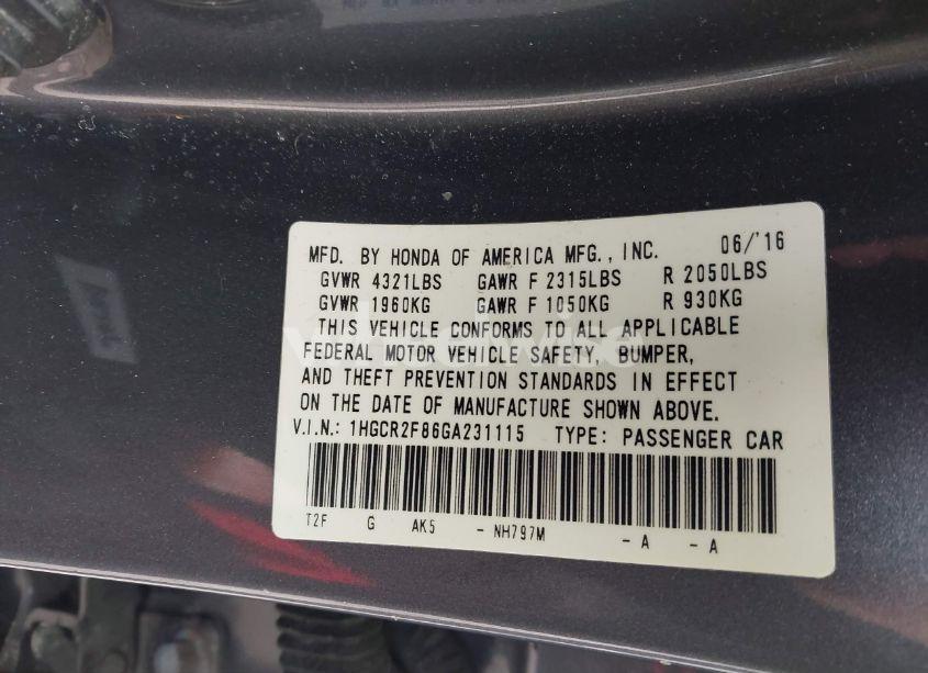 Photo 9 of 2016 Honda Accord EX-L (VIN 1HGCR2F86GA231115)