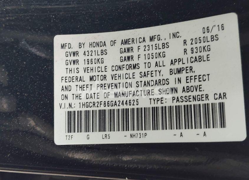 Photo 9 of 2016 Honda Accord EX-L (VIN 1HGCR2F86GA244625)