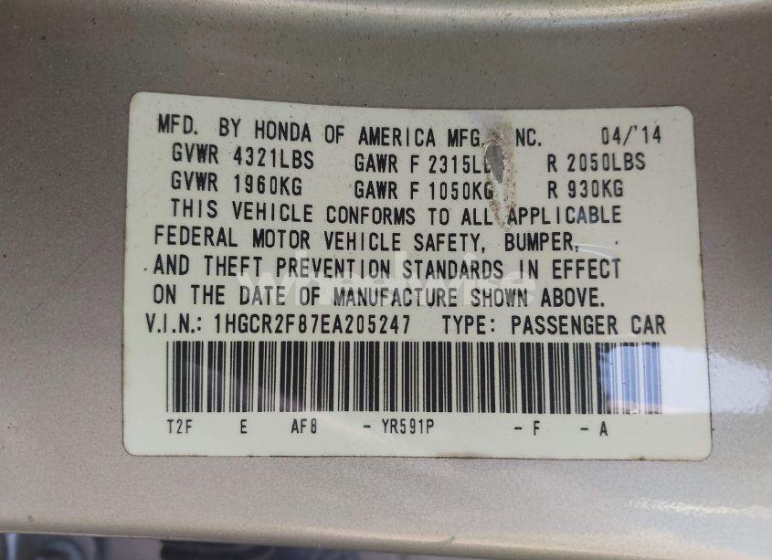 Photo 9 of 2014 Honda Accord EX-L (VIN 1HGCR2F87EA205247)