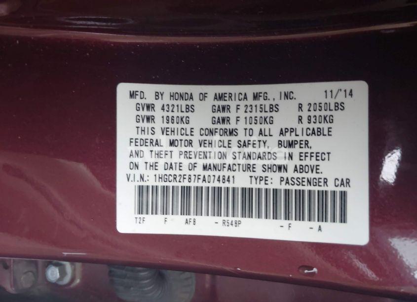 Photo 9 of 2015 Honda Accord EX-L (VIN 1HGCR2F87FA074841)