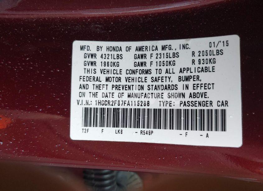 Photo 9 of 2015 Honda Accord EX-L (VIN 1HGCR2F87FA115288)