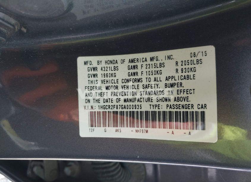 Photo 9 of 2016 Honda Accord EX-L (VIN 1HGCR2F87GA000935)