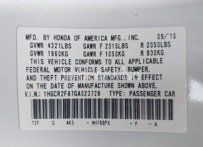 Photo 9 of 2016 Honda Accord EX-L (VIN 1HGCR2F87GA023728)