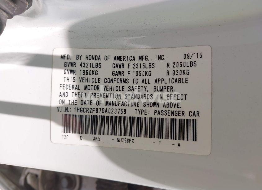 Photo 9 of 2016 Honda Accord EX-L (VIN 1HGCR2F87GA023759)