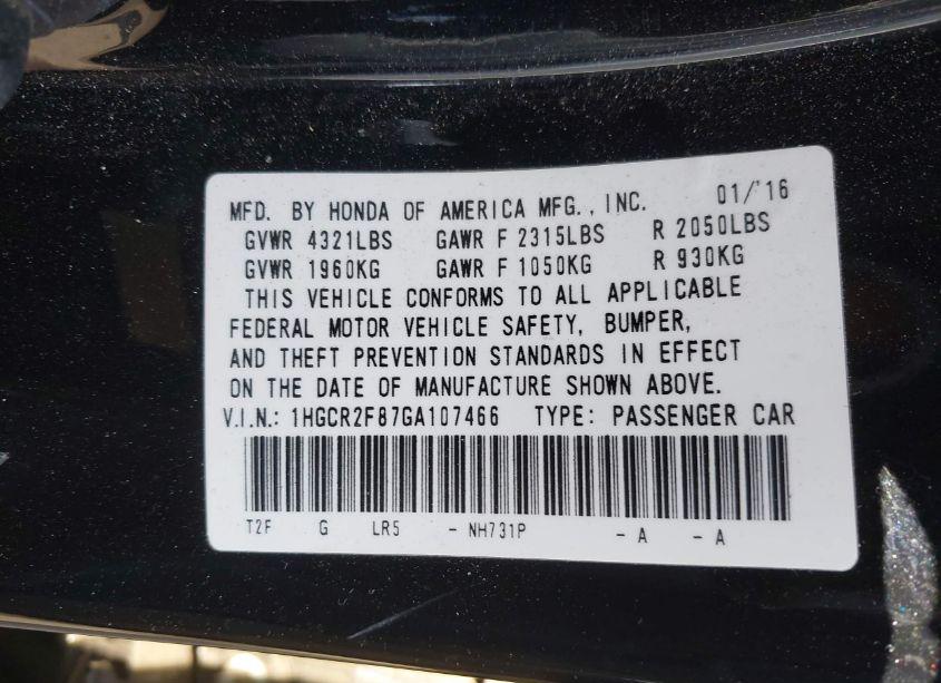 Photo 9 of 2016 Honda Accord EX-L (VIN 1HGCR2F87GA107466)