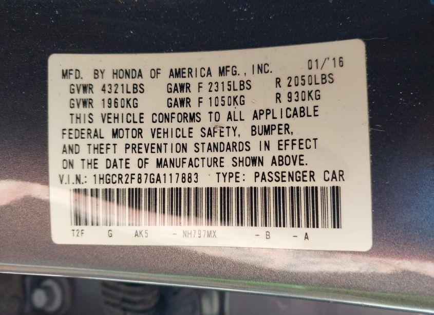 Photo 9 of 2016 Honda Accord EX-L (VIN 1HGCR2F87GA117883)