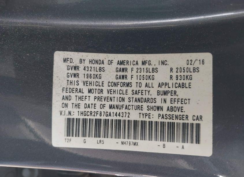 Photo 9 of 2016 Honda Accord EX-L (VIN 1HGCR2F87GA144372)