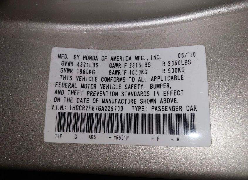 Photo 9 of 2016 Honda Accord EX-L (VIN 1HGCR2F87GA229700)