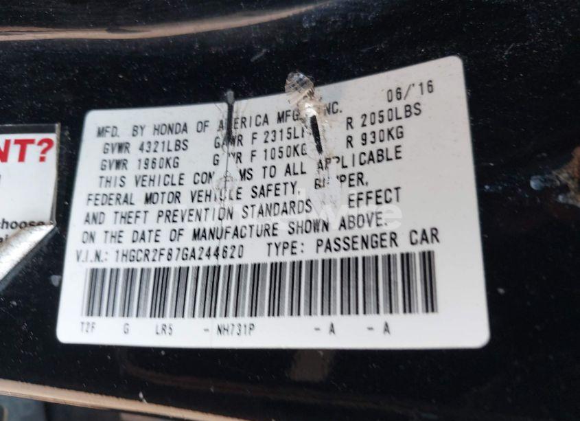 Photo 9 of 2016 Honda Accord EX-L (VIN 1HGCR2F87GA244620)