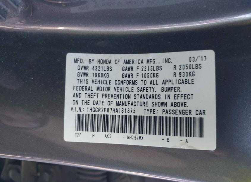 Photo 9 of 2017 Honda Accord EX-L (VIN 1HGCR2F87HA181875)