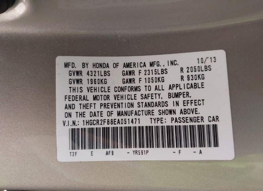 Photo 9 of 2014 Honda Accord EX-L (VIN 1HGCR2F88EA051471)