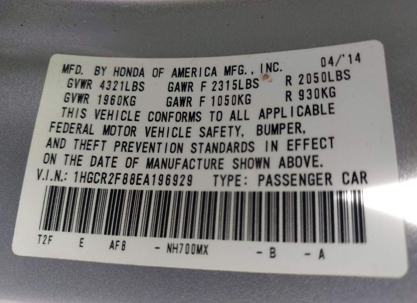 Photo 9 of 2014 Honda Accord EX-L (VIN 1HGCR2F88EA196929)