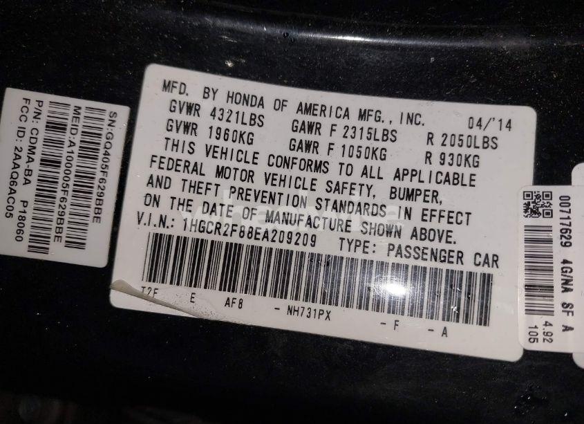 Photo 9 of 2014 Honda Accord EX-L (VIN 1HGCR2F88EA209209)