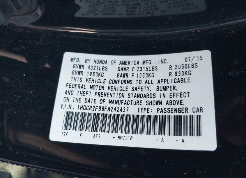 Photo 9 of 2015 Honda Accord EX-L (VIN 1HGCR2F88FA242437)