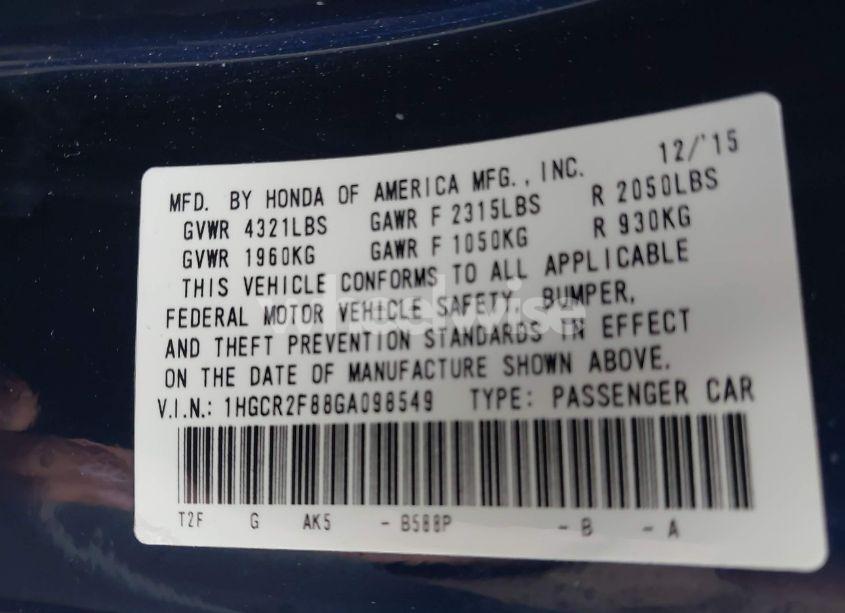 Photo 9 of 2016 Honda Accord EX-L (VIN 1HGCR2F88GA098549)