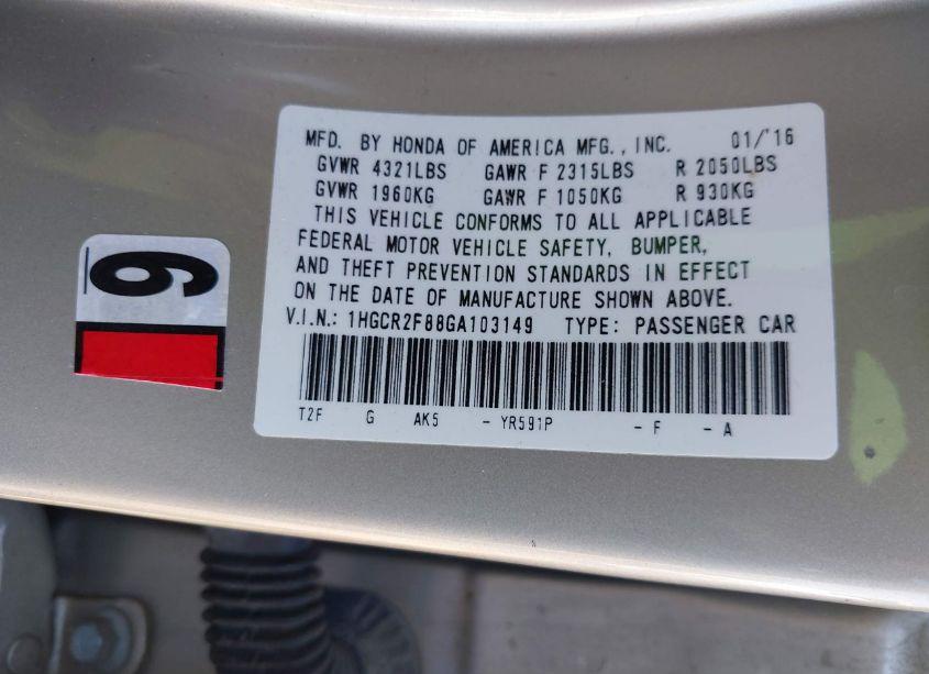 Photo 9 of 2016 Honda Accord EX-L (VIN 1HGCR2F88GA103149)