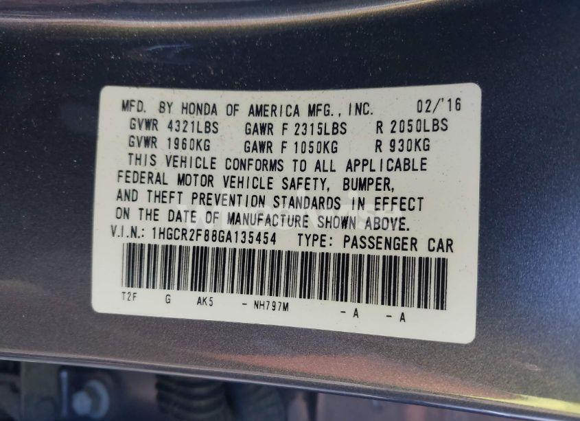 Photo 9 of 2016 Honda Accord EX-L (VIN 1HGCR2F88GA135454)