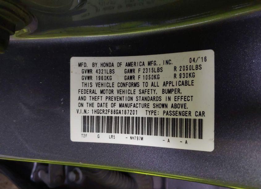 Photo 9 of 2016 Honda Accord EX-L (VIN 1HGCR2F88GA187201)