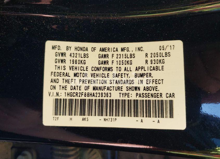 Photo 9 of 2017 Honda Accord EX-L (VIN 1HGCR2F88HA239363)