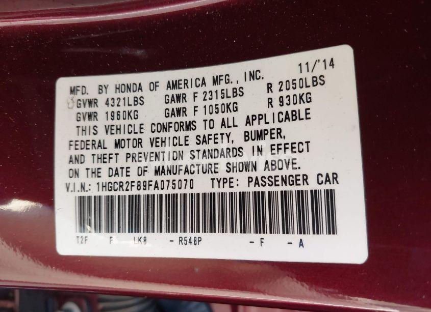 Photo 9 of 2015 Honda Accord EX-L (VIN 1HGCR2F89FA075070)