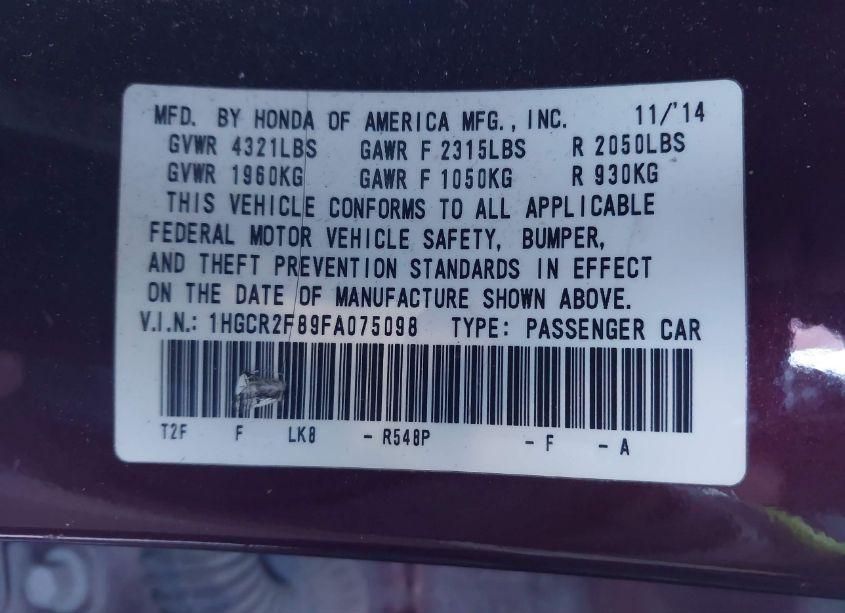 Photo 9 of 2015 Honda Accord EX-L (VIN 1HGCR2F89FA075098)