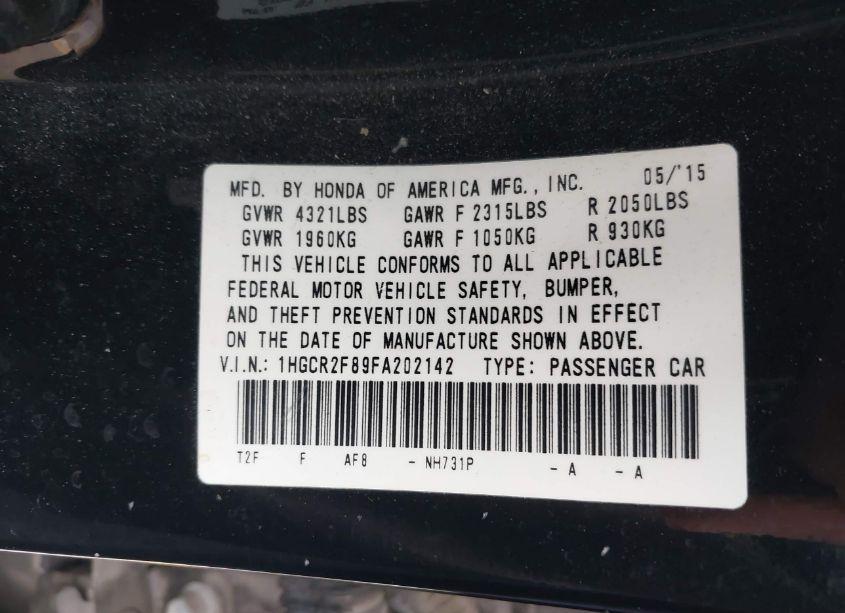 Photo 9 of 2015 Honda Accord EX-L (VIN 1HGCR2F89FA202142)