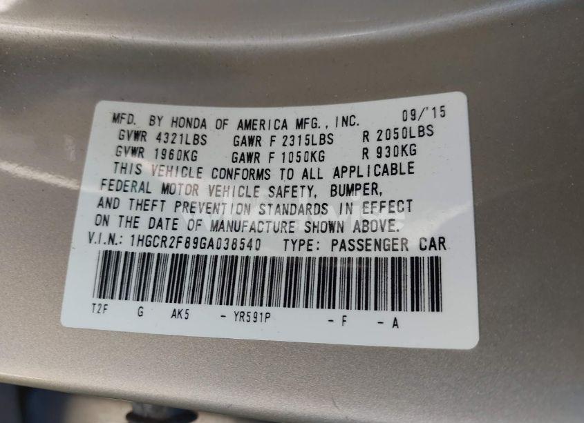 Photo 9 of 2016 Honda Accord EX-L (VIN 1HGCR2F89GA038540)