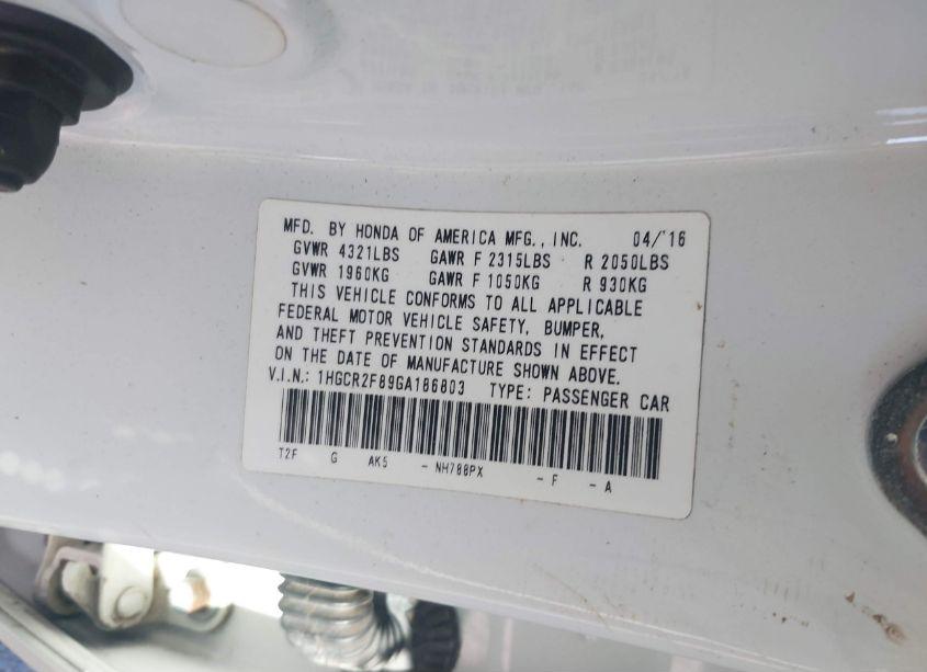 Photo 9 of 2016 Honda Accord EX-L (VIN 1HGCR2F89GA186803)