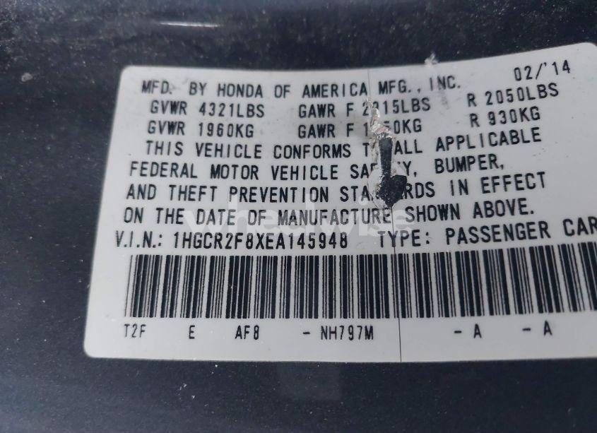 Photo 9 of 2014 Honda Accord EX-L (VIN 1HGCR2F8XEA145948)